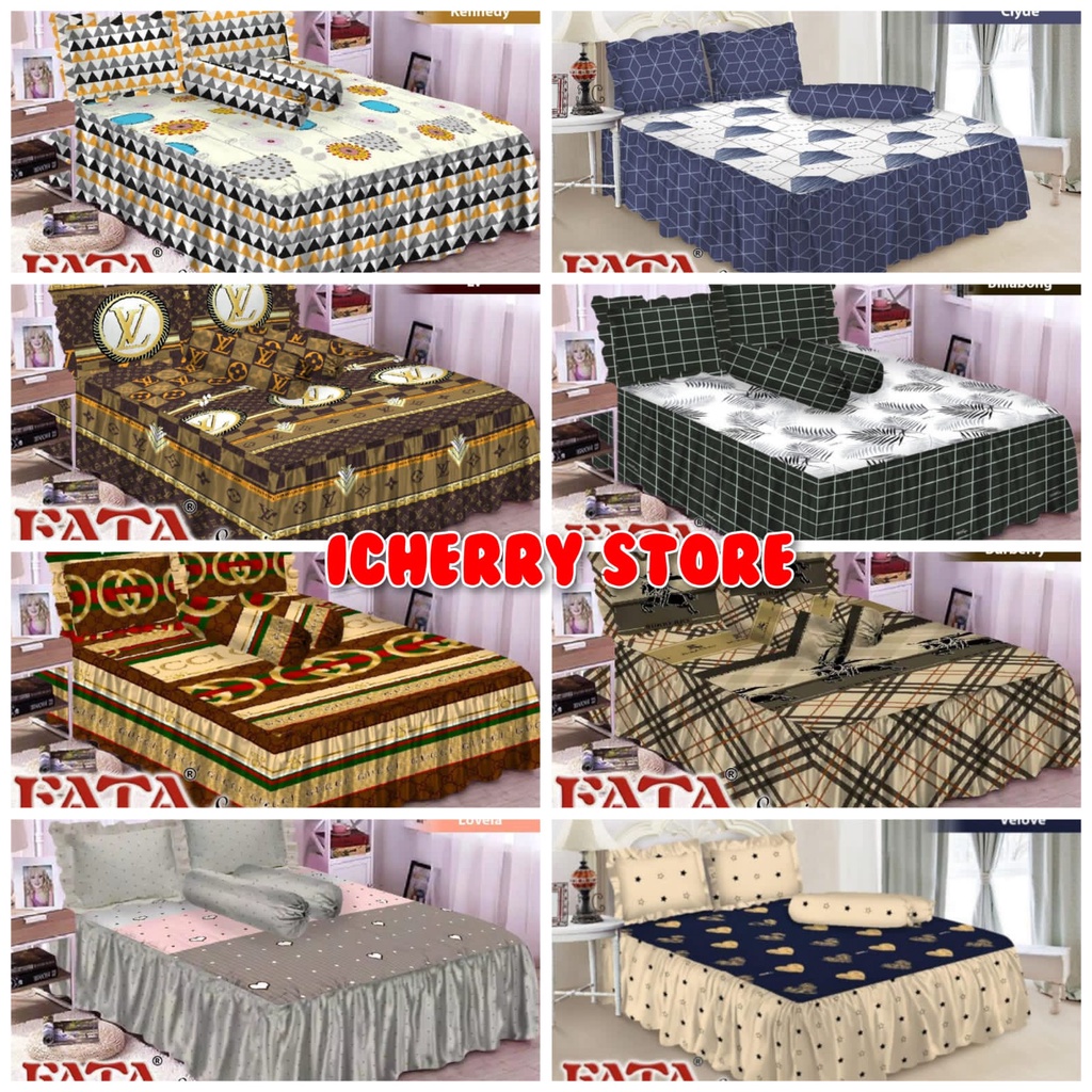 Set 3in1 Sprei Fata 3D Rumbai Queen King 160x200 180x200 Motif Gc Guci, Lv Louis, Brb Burberi, Velov