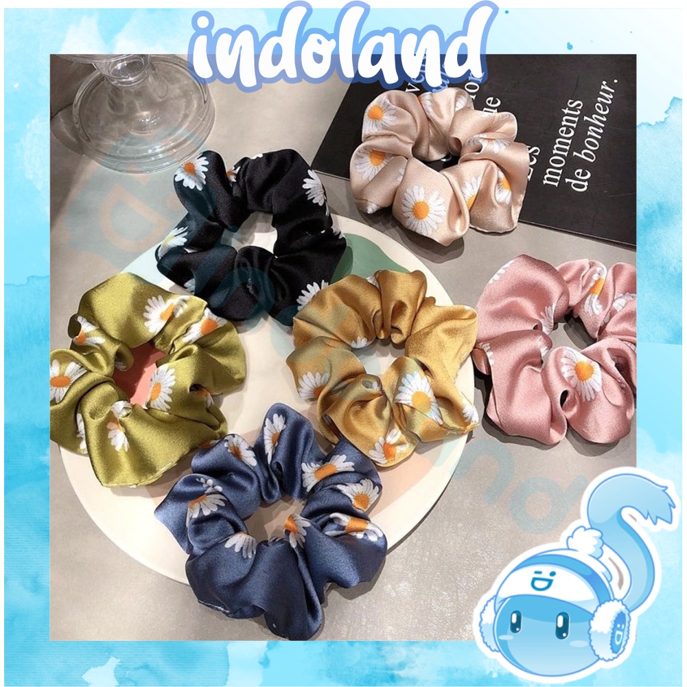 ☀ INDOLAND ☀ Ikat Rambut Ponytail Model Bunga Daisy Bahan Satin Karet Elastis Gaya Korea Untuk Wanita/Scrunchie A069