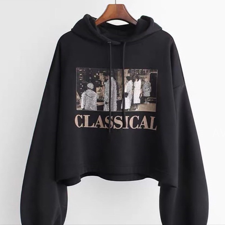 Hoodie Crop Wanita Korea Style Classical Ootd Lucu Kekinian