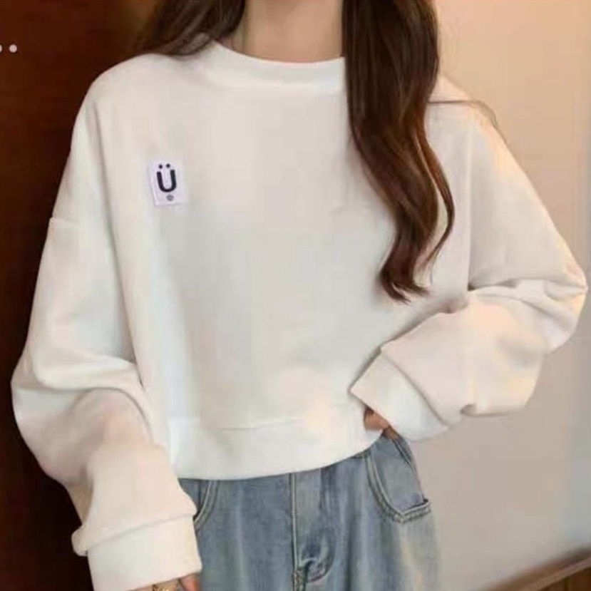 Sweater Crop Wanita Give U Smile  - Korean Sweatshirt Basic U Crope