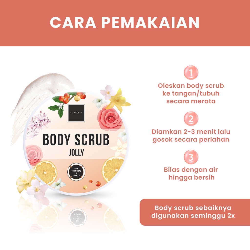 SCARLETT Whitening Brightening Body Scrub Jolly Indonesia / 250ml / By Felicya Angelista / With Glutathione &amp; Vitamin E / Body Care / Perawatan Kulit Tubuh / Moisturizer Shower / Sabun Mandi Lulur Eksfoliating Exfoliasi Peeling / Skincare Series Paket Set