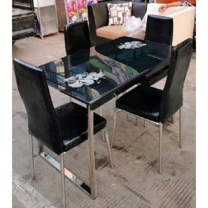 (Free Ongkir Jadetabek) Dining Set | Meja Makan Set Stainless + Tempered Glass - Putih atau Hitam