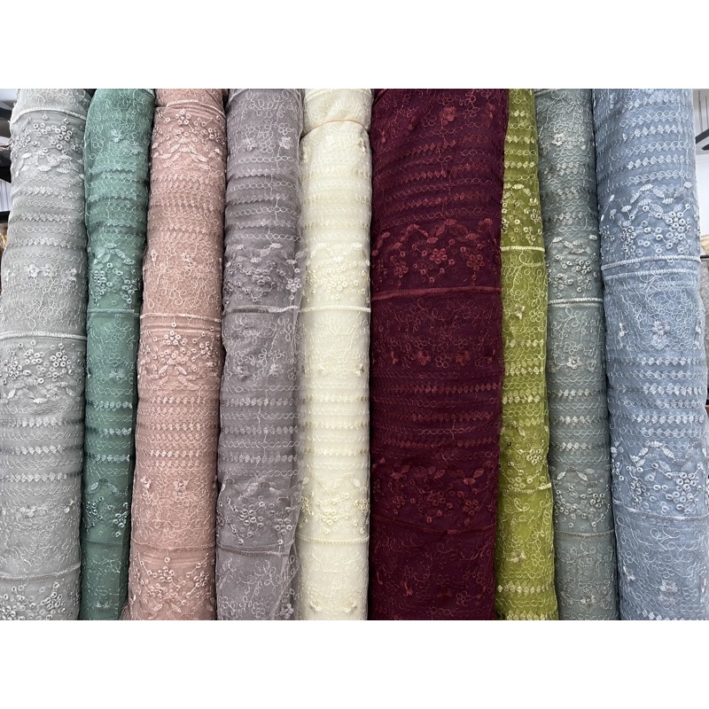 [ Warung Textile ] Kain Tile / Tulle Motif Garis Daun Bunga