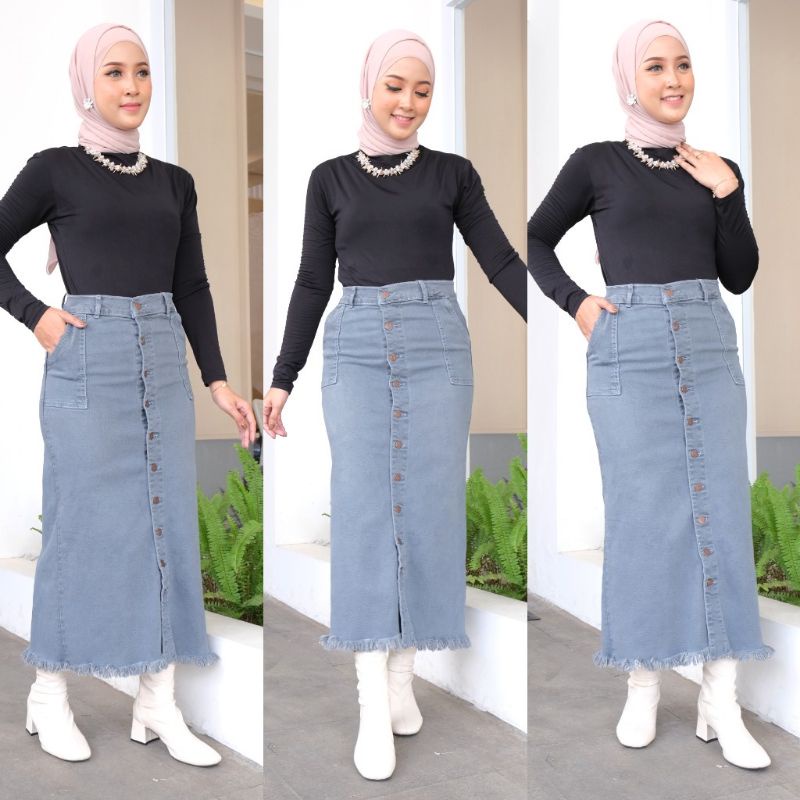 Rok Jeans Stretch Span Panjang Gisca Kancing Depan Tebal Dan Melar