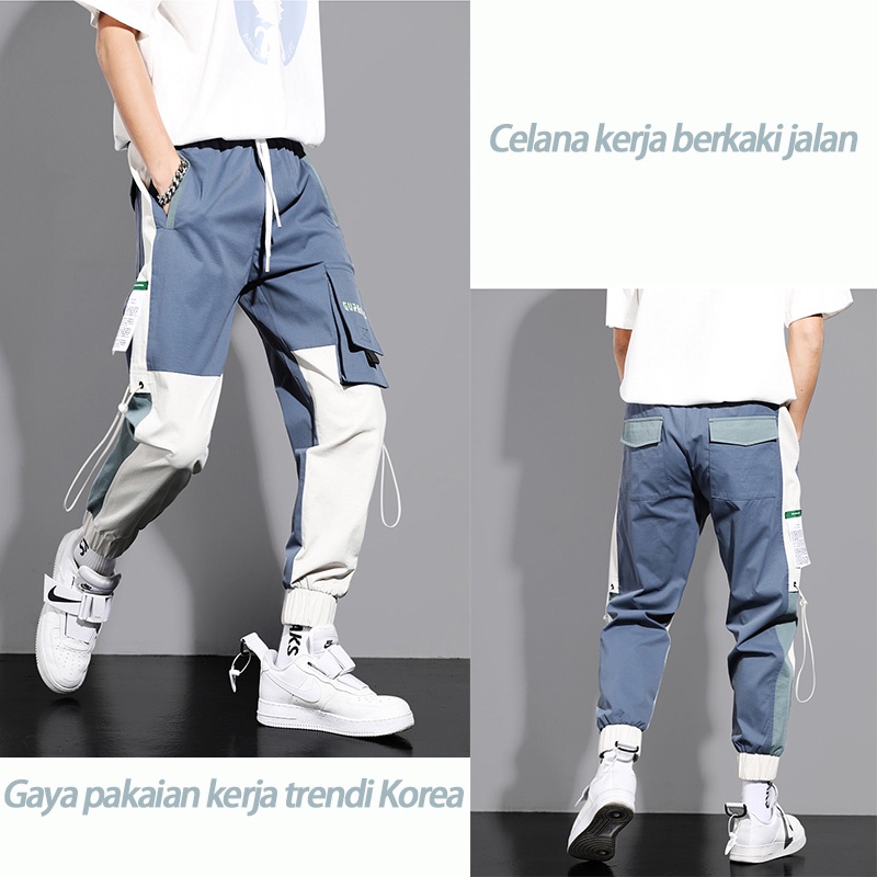 cargo pants pria overall korea overall korea  celana celana cargo panjang pria slimfit Hitam dengan 