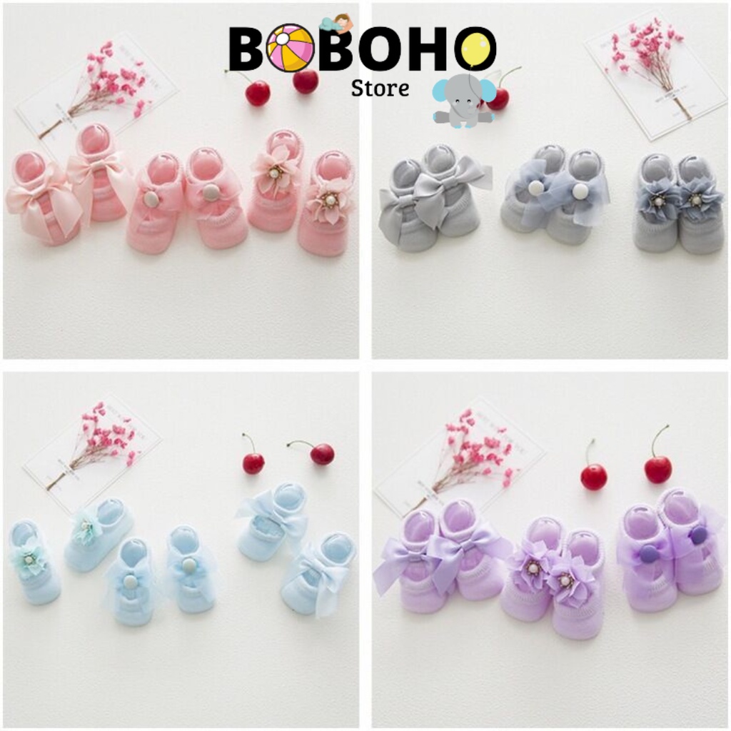 BOBOHO - KAOS KAKI BAYI PEREMPUAN NEWBORN 0-12 BULAN IMPORT KUALITAS PREMIUM KOREA MOTIF 3 JENIS BUNGA PITA