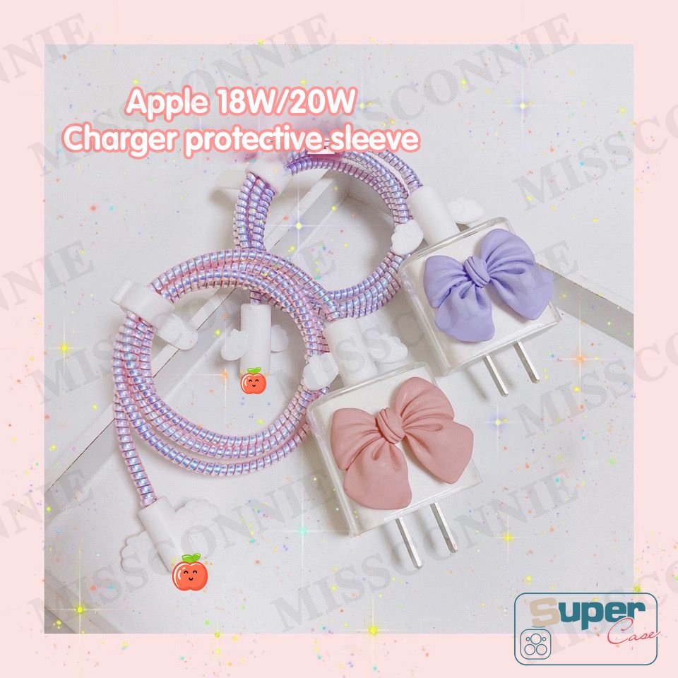 Set 5 In 1 Pelindung Kabel Data / Charger TPU Motif Kartun Pink / Ungu / Pita Untuk Apple 18 / 20W