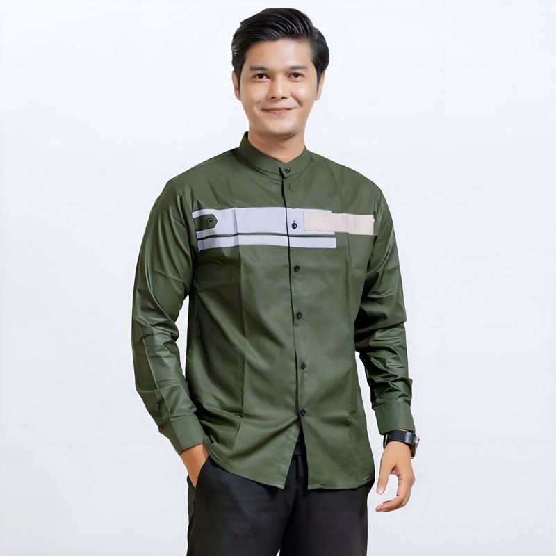 Asakhi Collection Baju Koko Pria Hadroh Kombinasi Motif Yordan Lengan Panjang Warna Hijau Army