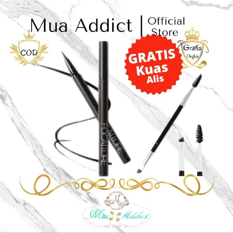 Focallure Eyeliner Pensil Hitam Waterproof  Gratis Kuas Alis Panjang