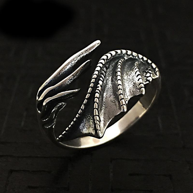 Cincin silver adjustable Desain Naga Sayap Gaya vintage Eropa Amerika Untuk Pria Dan Wanita