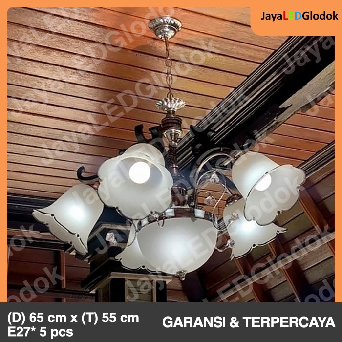 Lampu Gantung Ruang Makan Ruang Tamu Minimalis Kaca Putih Bunga Hias Cabang 5 7702