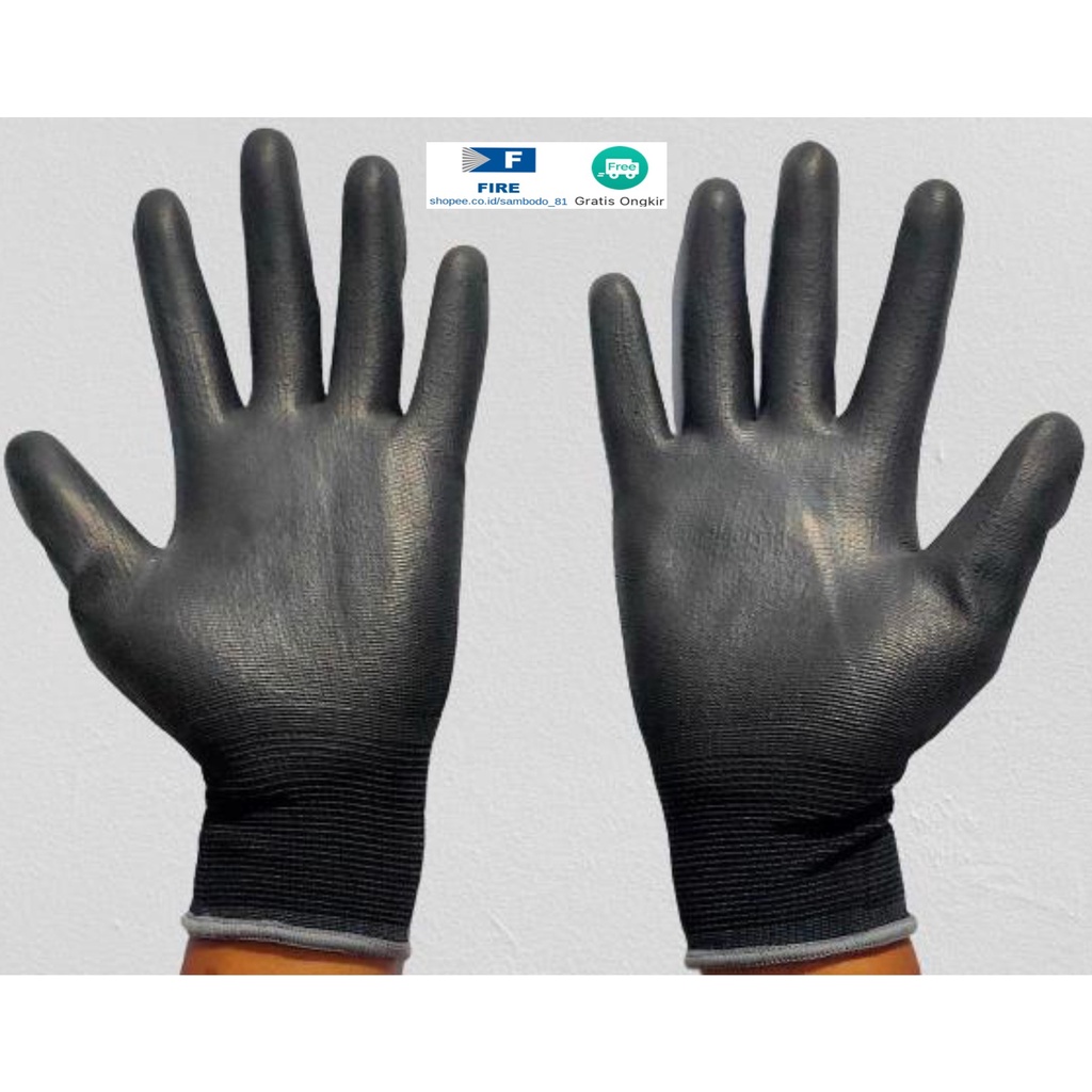 Sarung Tangan otomotif Bagunan Coating Karet Pengaman kerja Packing PU Statis Multitask Karet Palm Fit Ukuran S,M, L, XL Proyek Satpam Anti Slip Hitam Black Hand Gloves Mekanik