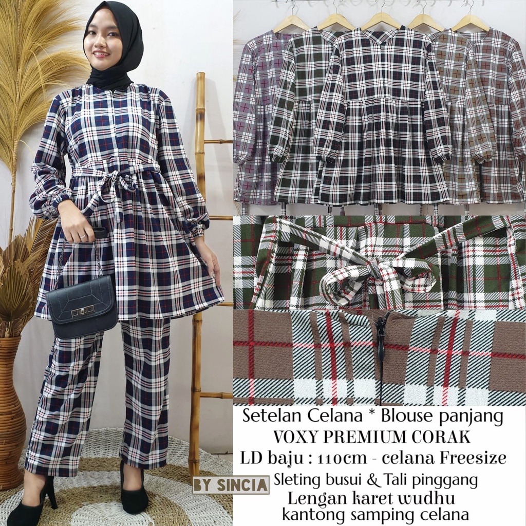 Setelan tunik busui rempel motif kotak garis garis tali pinggang + celana bahan voxy premium merk si