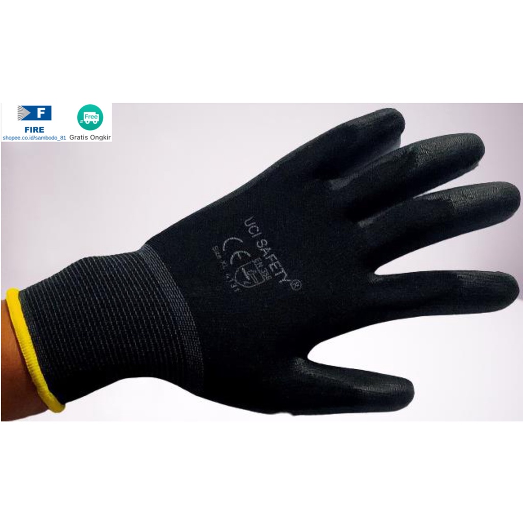 Sarung Tangan Anti Slip Hitam Black Hand Gloves Mekanik Montir Berkebun Tukang Telapak Tangan dilapisi karet Bahan Nylon Polyester Elektronik Assembly Static Multi Purpose Polyurethane Kerja Palmfit Safety Gloves Security