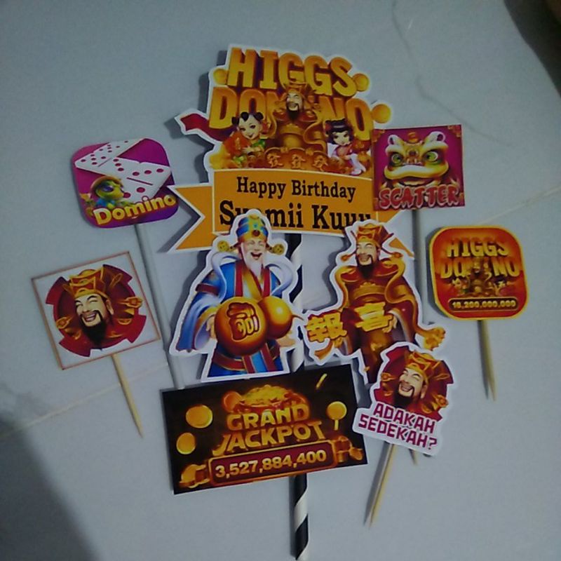 cake topper hiasan kue Higgs scatter kakek merah biru