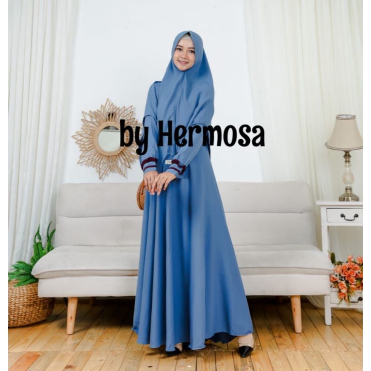 GAMIS WANITA SYARI UMBRELLA INARA BAHAN YHORITA SET KHIMAR WARNA DENIM/BURGUNDY ORIGINAL BY HERMOSA