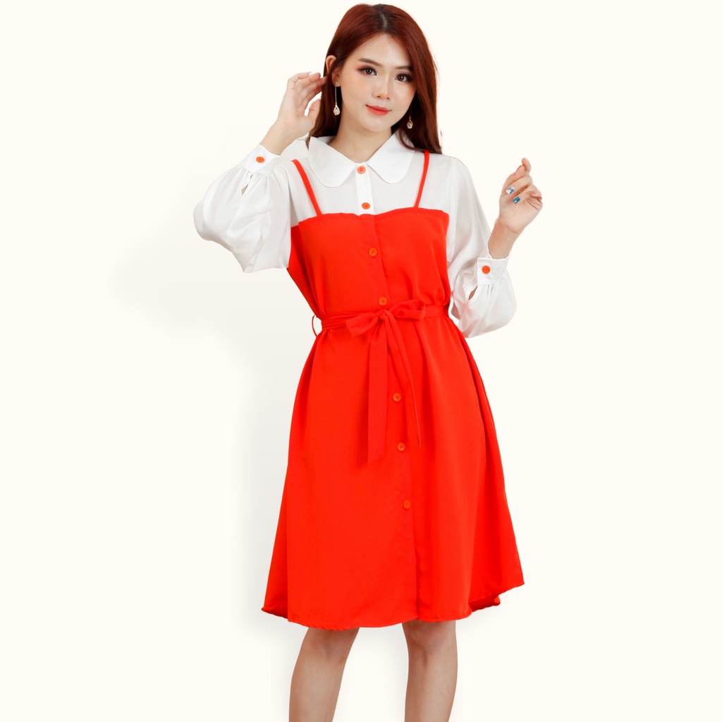 Midi Dress tunik Lengan panjang wanita gaya korea kombinasi warna - XSHOP Kenisha LS