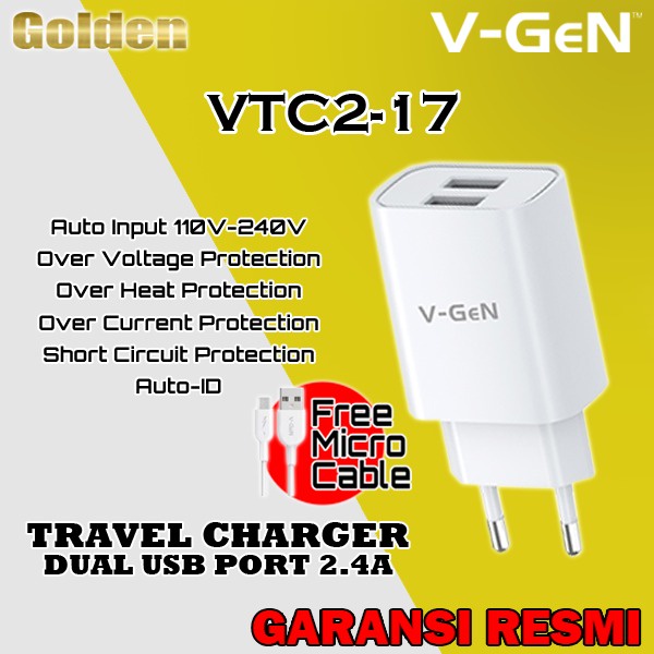 VGEN V-GeN VTC2-17 Travel Adapter Charge 2.4A 2 Port USB Resmi