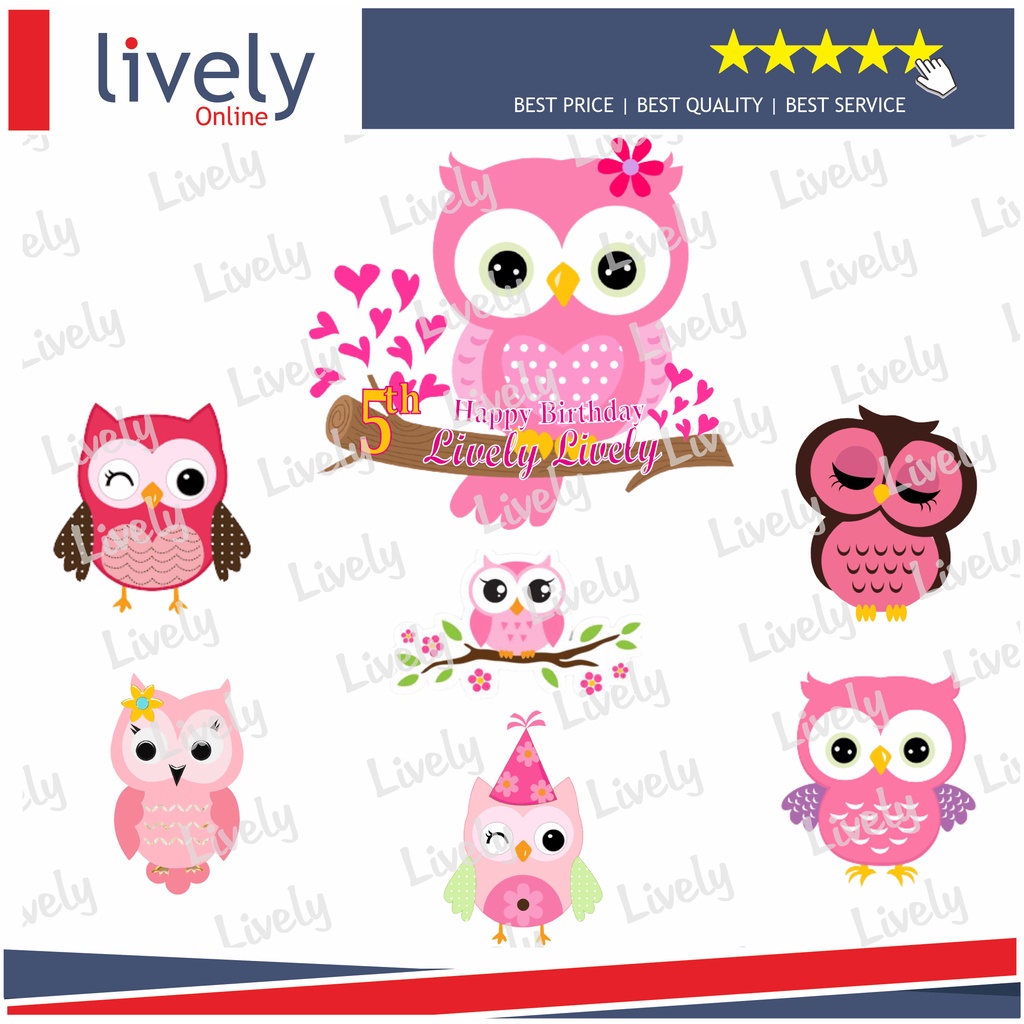 CUSTOM NAMA CAKE TOPPER KARAKTER PINK OWL HIASAN KUE ULANG TAHUN HAPPY BIRTHDAY