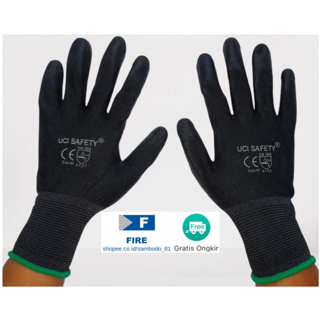 Sarung Tangan Pengaman kerja Packing PU Statis Multitask Karet Palm Fit Ukuran S,M, L, XL Proyek Satpam Anti Slip Hitam Black Hand Gloves Mekanik Montir Berkebun Tukang