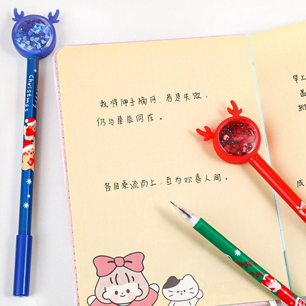 Lanfy Natal Gel Pulpen Tanda Tangan Pena Perlengkapan Sekolah Anak Hadiah Menulis Pulpen Elk Sequin Hitam 0.5mm Pen Penandatanganan