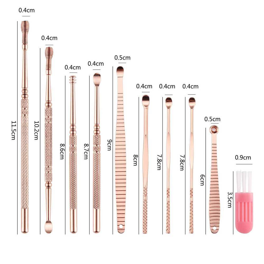 KR Pembersih Telinga 10 Pcs Korek Kuping Spiral Stainless Steel Besi Ear Spoon Set Rose Gold