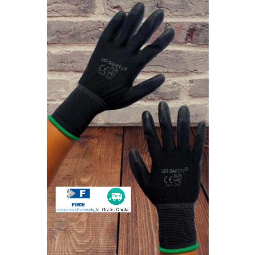 Sarung Tangan Anti Slip Hitam Black Hand Gloves Mekanik Montir Berkebun Tukang Telapak Tangan dilapisi karet Bahan Nylon Polyester Elektronik Assembly Static Multi Purpose Polyurethane Kerja Palmfit Safety Gloves Security