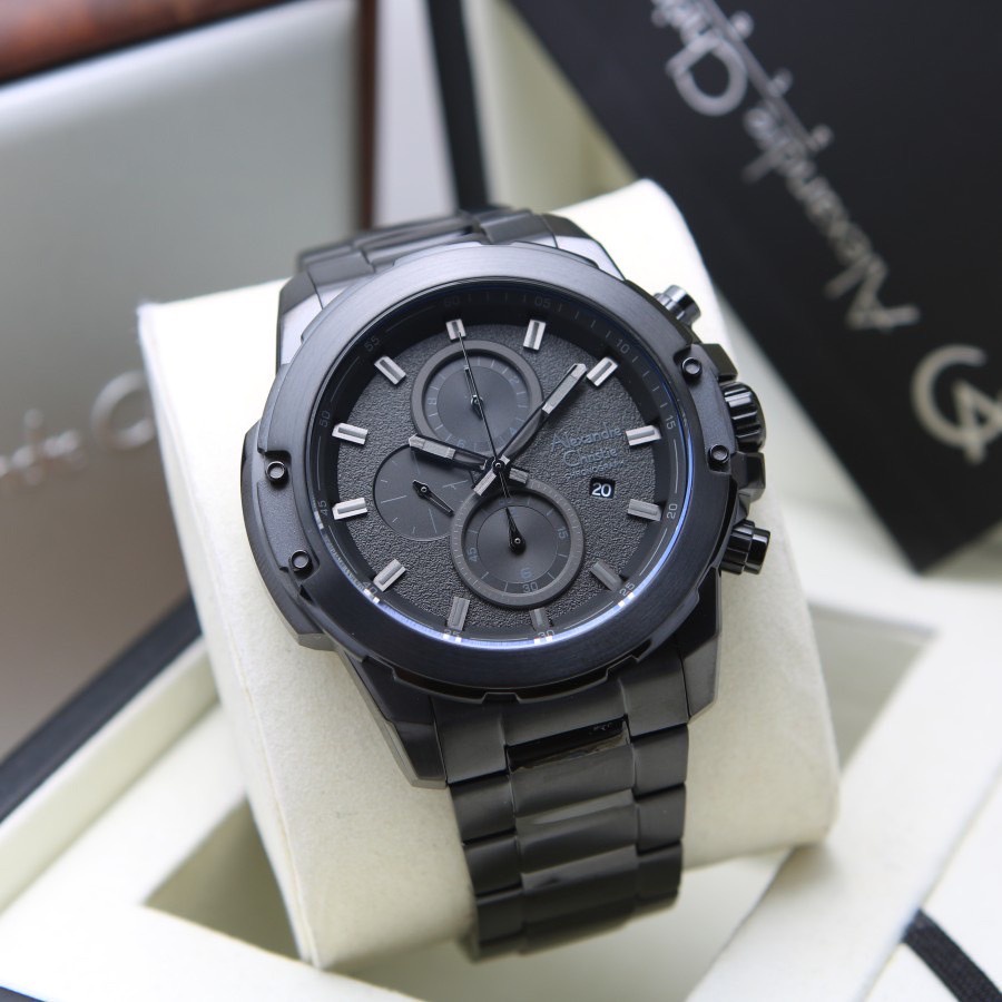 Jam Tangan Pria Alexandre Christie Chronograph AC 6583 MC  Men Black Dial Black Stainless Steel Strap