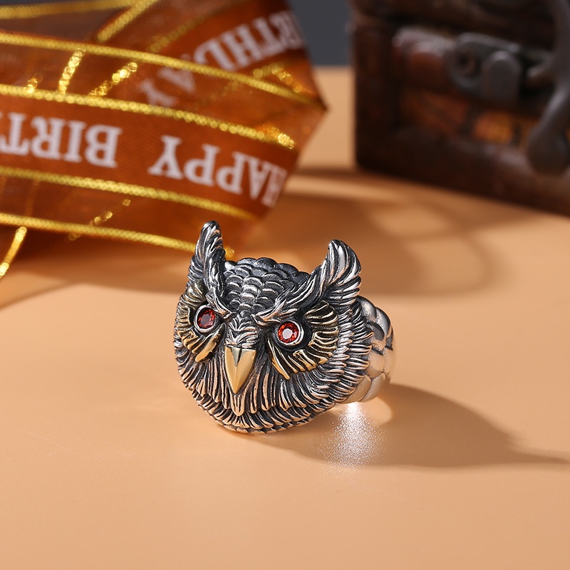 Cincin Jari Telunjuk Desain Burung Hantu Tua Hegemony Gaya Vintage Untuk Pria