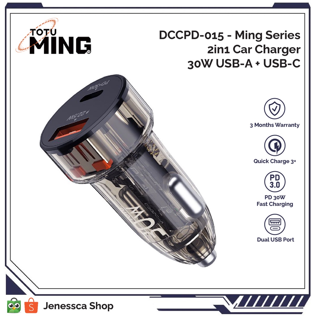 Car Charger 30W Adapter Mobil TOTU Ming USB &amp; Type-C Dual Output PD