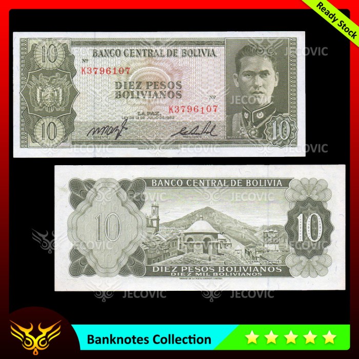 BOLIVIA 10 Pesos 1962 , UNC , Uang Asing