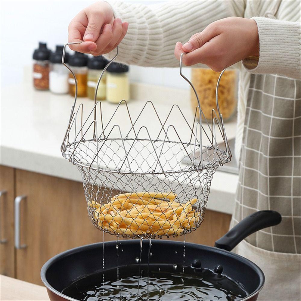 [Elegan] Keranjang Penggorengan Sayap Ayam Kentang Goreng Dapur Lipat Dengan Pegangan Mesh Net Alat Masak