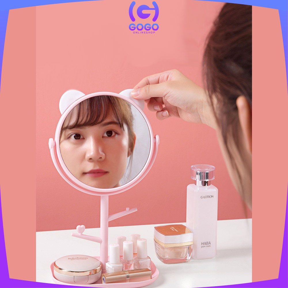 GOGO-K91 Cermin Motif Telinga Panda Serbaguna / Kaca Meja Rias Bulat Lucu / Standing Mirror Makeup Desktop Rotating Multifunction