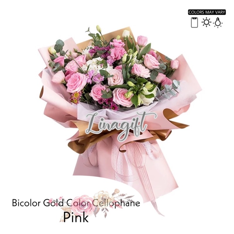 ( 5 Lembar ) BICOLOR GOLD COLOR - FLOWER WRAPPING PAPER BI COLOR EMAS GOLD BORDER LIST KOREAN CELLOPHANE PLASTIC/ KERTAS BUNGA FLORIST