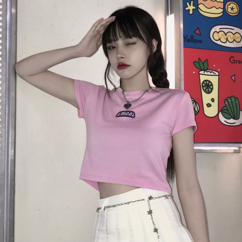 [littlecrab] Crop Top LMCC Swag Simple Polos Elegan Hitam Pink Biru Atasan Kaos Crop Polos Bordir Premium Berkualitas High Neck Swaggy Street Korean Style