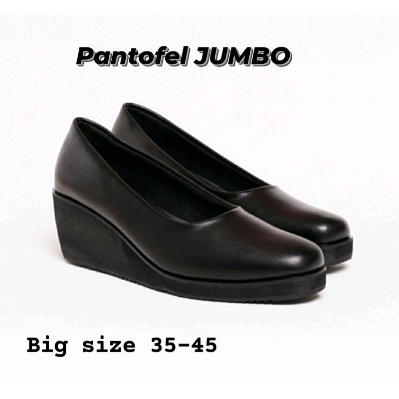 Original, Sepatu Wedges BIG Size 41-42-43-44-45 Slip On Mules Kulit OVERSIZE Pantofel Cewek Kaki Gemuk JUMBO Hitam, 42