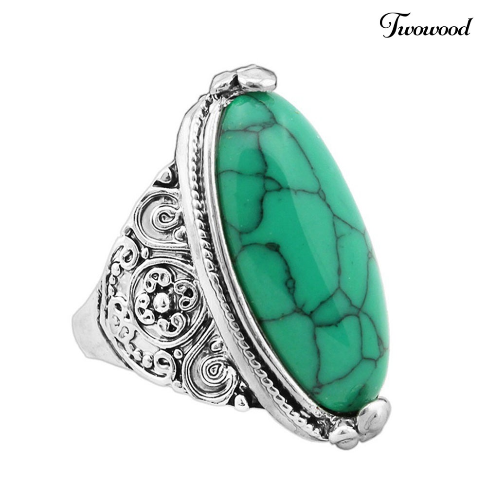 Cincin Lapis Silver Antik Bentuk Oval Turquoise Gaya Boho Vintage Untuk Wanita