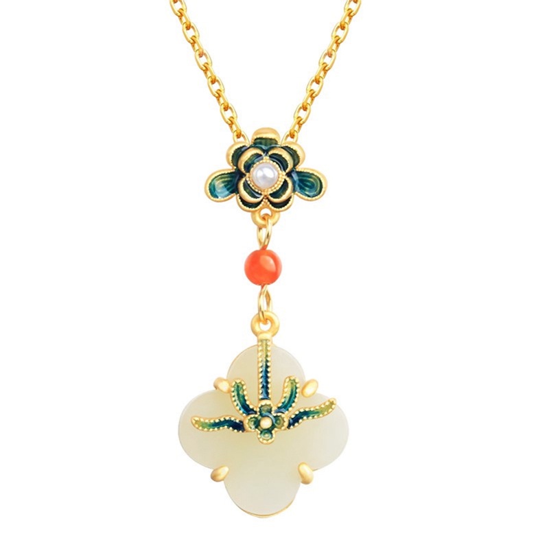 Fancyqube Kalung Sterling Silver Liontin Daun Clover Hias Giok Imitasi Untuk Wanita