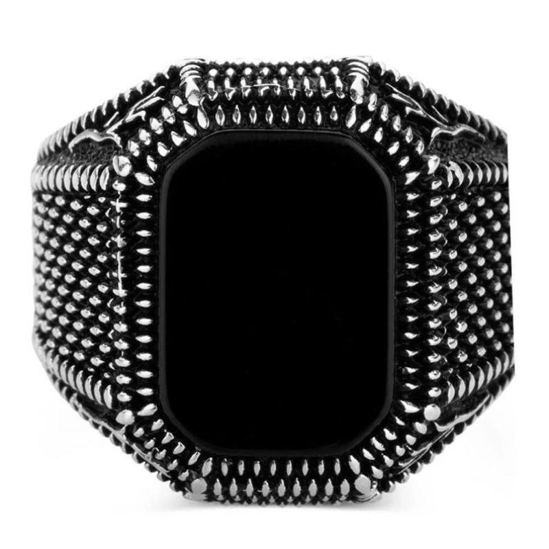 Cincin Pria Elegan Mewah Turkish Minimalis Batu Akik Hitam Pekat