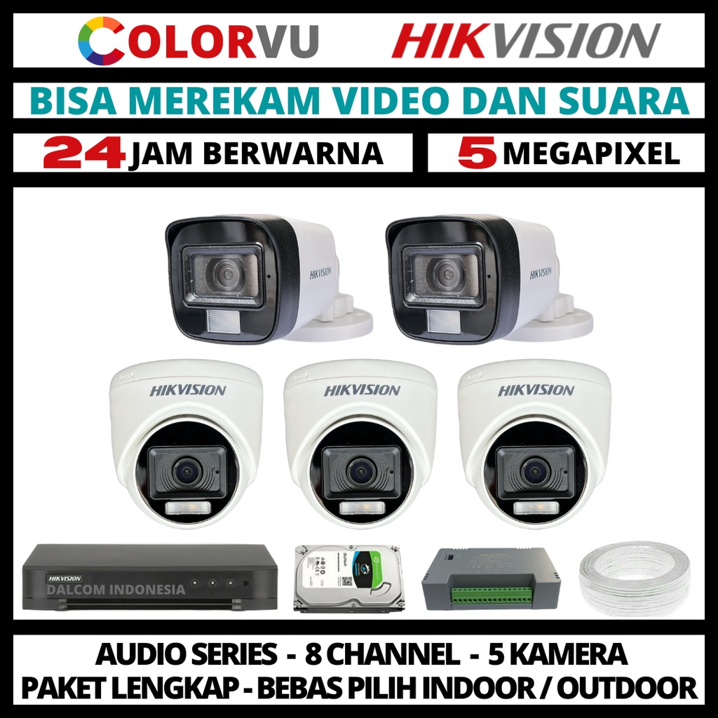 PAKET CCTV COLORVU HIKVISION 5MP 8 CHANNEL 5 CAMERA