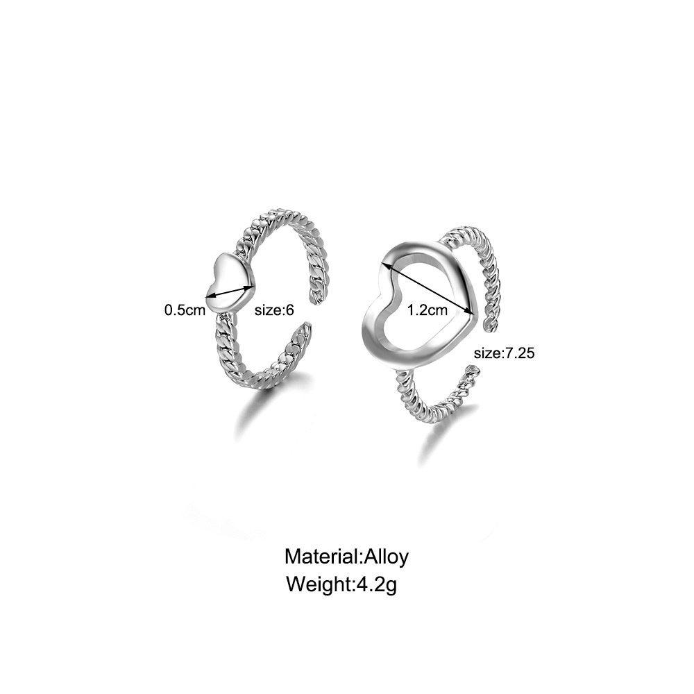 AY(CN) 2pcs / set Cincin Model Terbuka Adjustable Desain Hati Warna Silver Gaya Korea Untuk Wanita