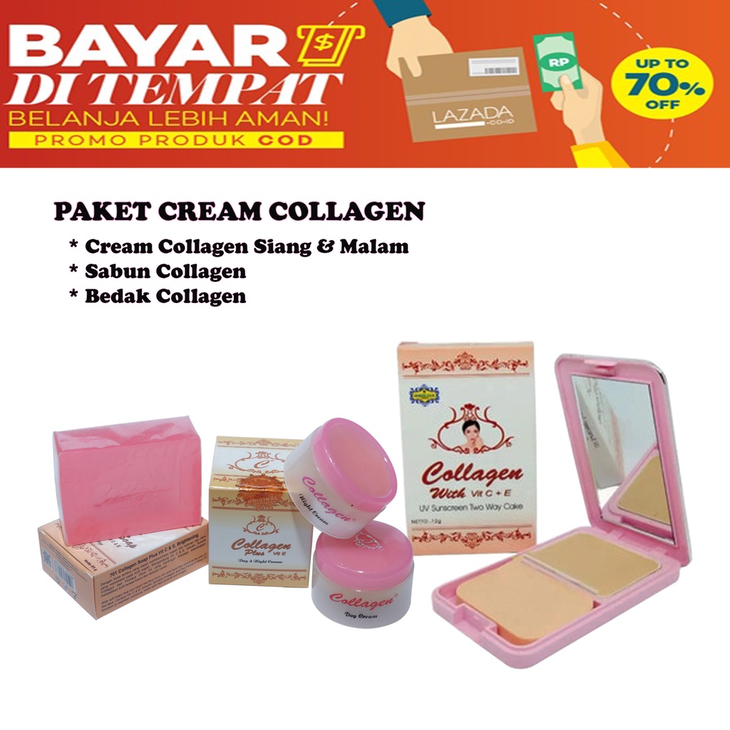 Paket Cream Collagen Siang Malam + Sabun Collagen 701 + Bedak Collagen Two Way Cake