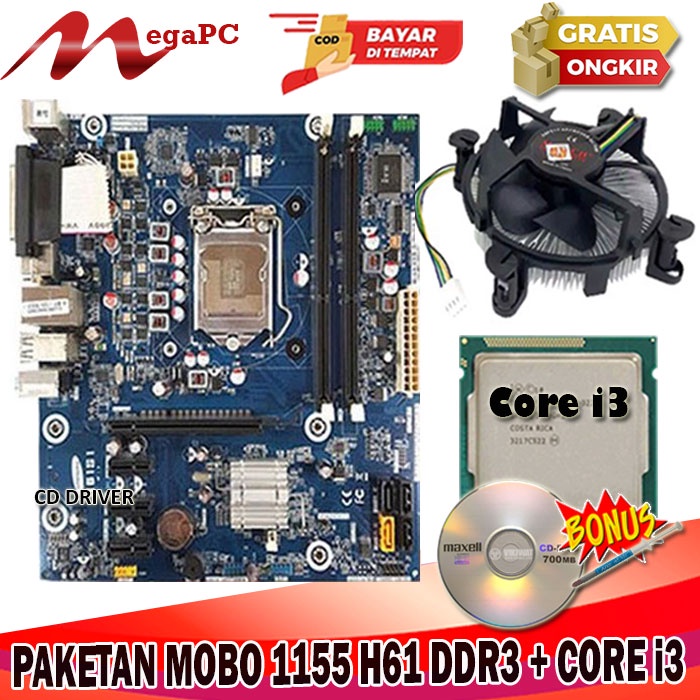 OBRAL Paket Mainboard 1155 H61 DDR3 OEM + Core i3 2100 + FAN Murah