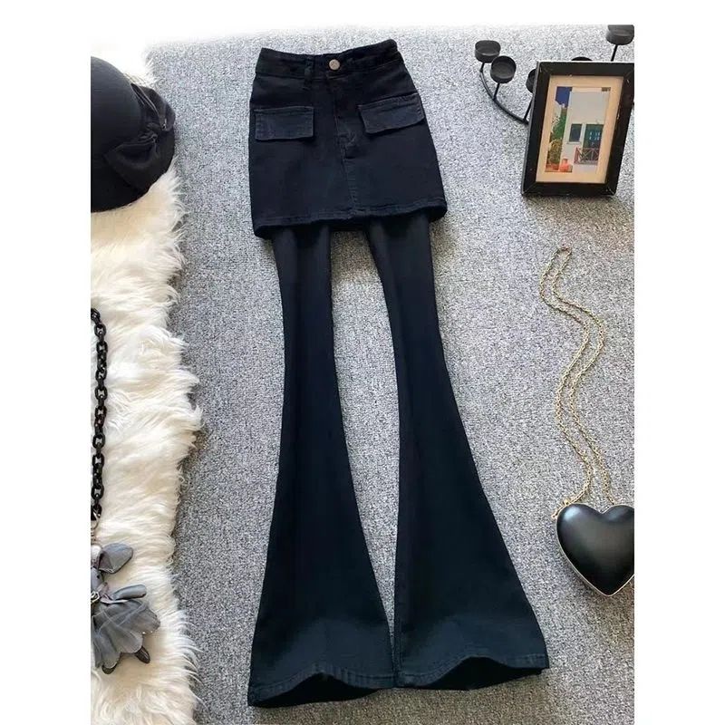 Suhao Ukuran Besar American Retro Elastis Berkobar Celana Jeans Wanita Palsu Dua Potong Rasa Desain Tinggi Pinggang Pelangsing Slim Berkobar celana