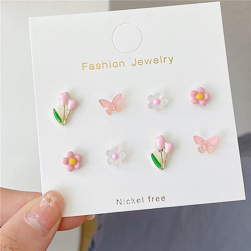 8 Pasang / Set Anting Stud Bentuk Bunga Tulip Butterfly Warna-Warni Gaya Simple Untuk Wanita