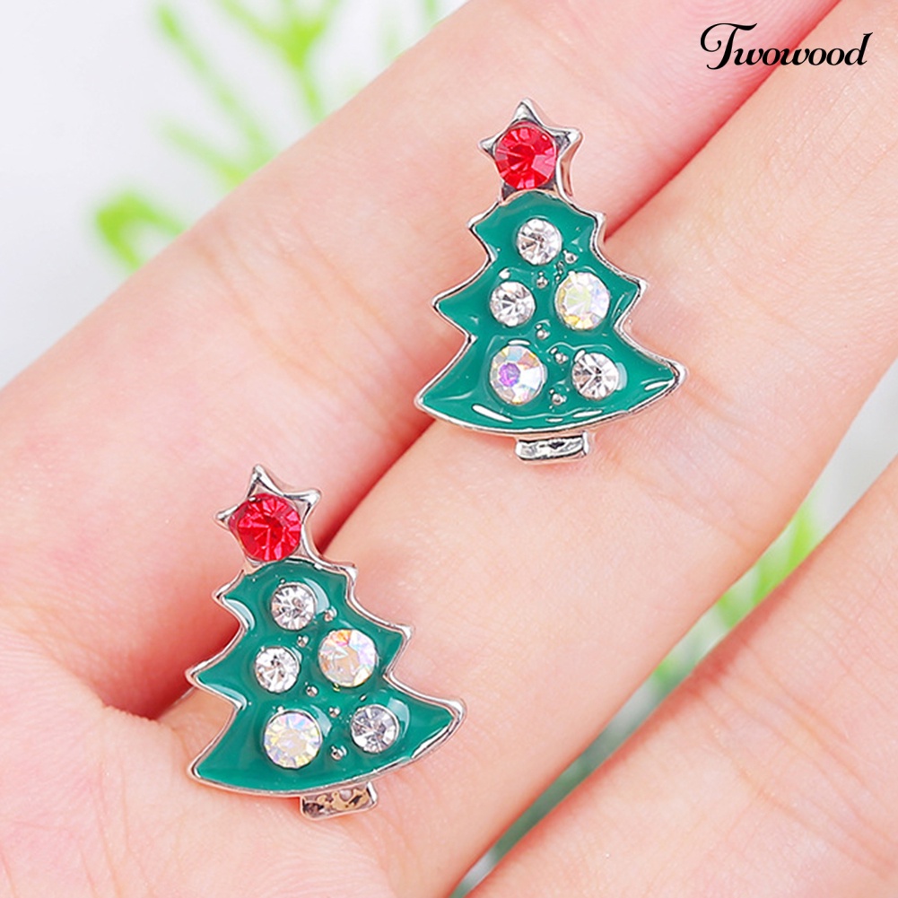 Anting Stud Desain Pohon Natal Bahan Alloy Aksen Berlian Imitasi Untuk Wanita