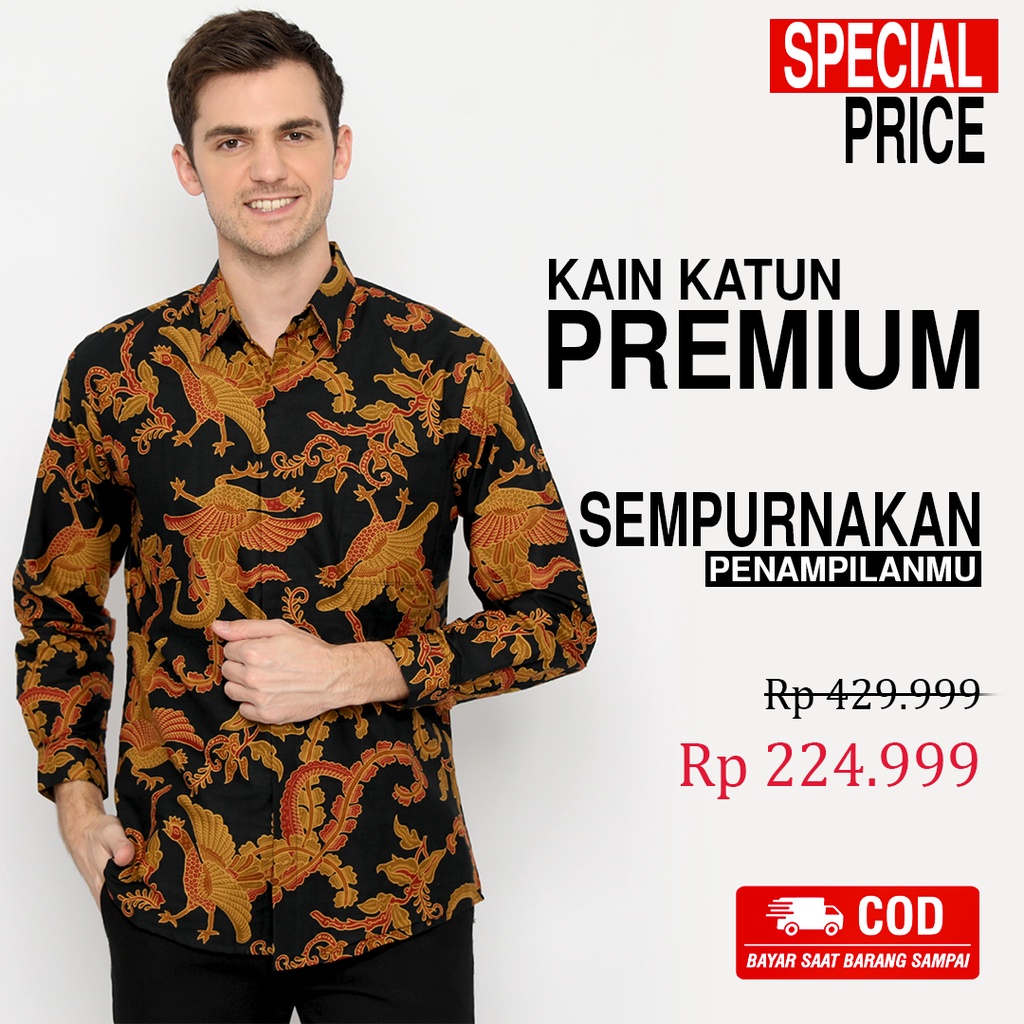 BATIK PRIA LENGAN PANJANG Kemeja Hem Slimfit Premium Motif Burung Warna Hitam Kuning 721007 CAP 72 - Baju Kemeja Atasan Pakaian Setelan Batik Pria Cowok Laki Laki Remaja Keluarga Kantor Lengan Panjang Modern Slimfit Slim Fit Premium Kekinian