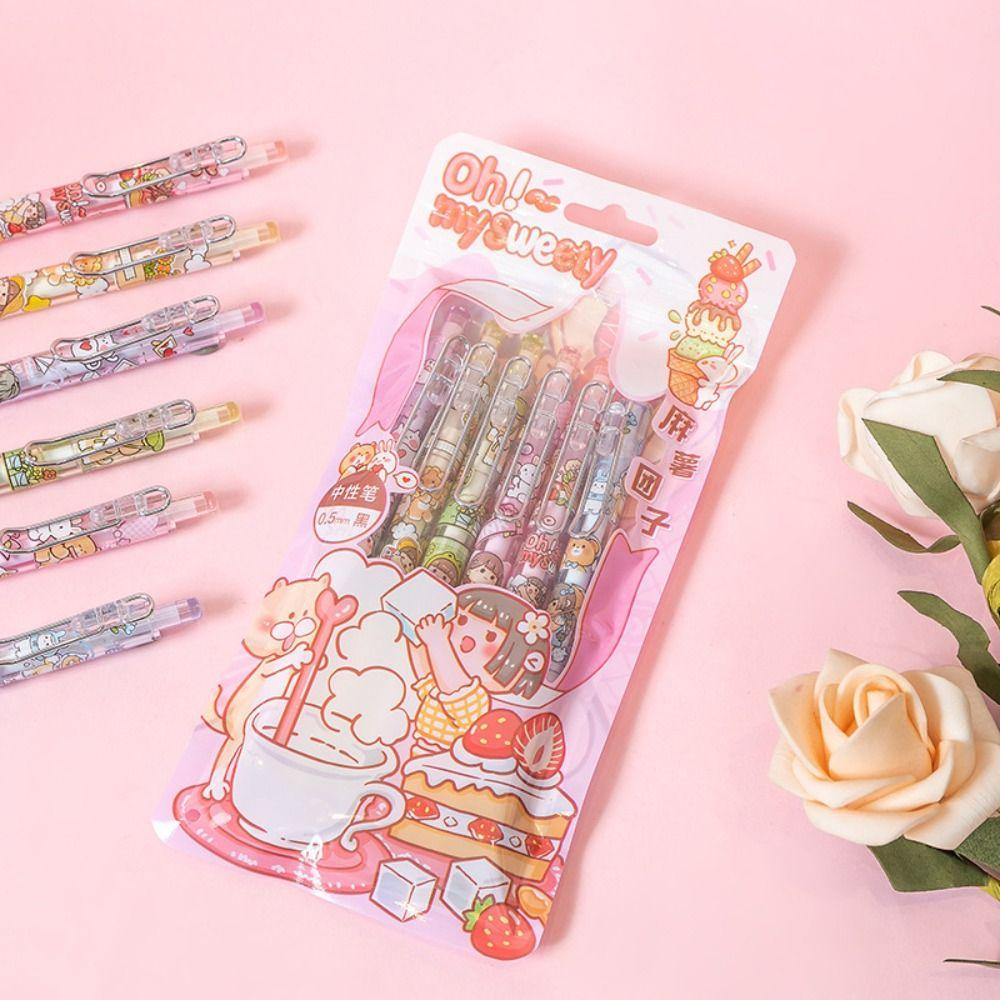 R-flower 6PCS/Set Pena Gel Perlengkapan Kantor Sekolah Gaya Mutil Dengan Klip Alat Tulisan Tekan Type Signature Pen