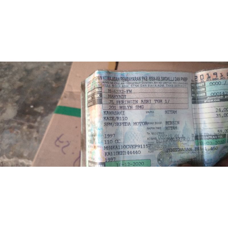 DOKUMEN KAWASAKI KAZER TH 97 SET NOMER RANGKA DAN NOMER MESIN