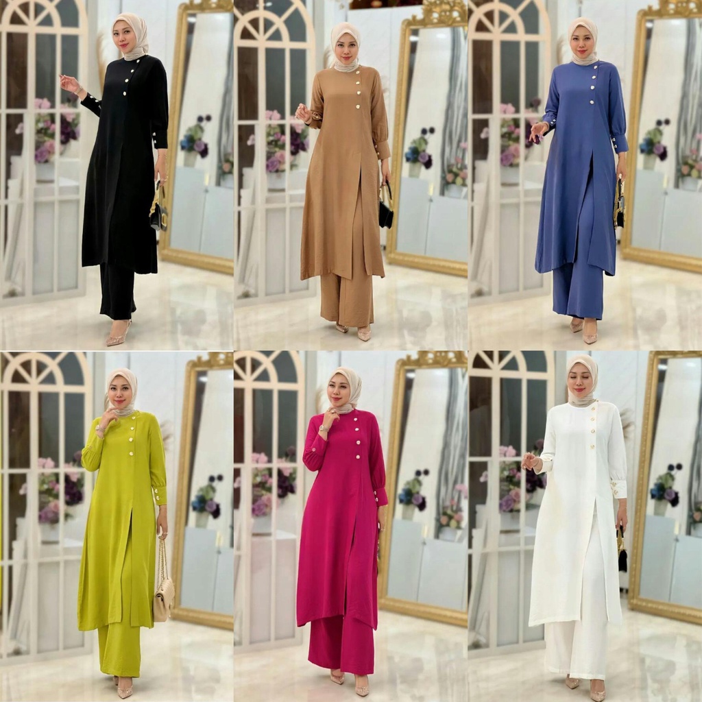 Adelia setelan tunik dan celana one setcel muslimah stelan crinkle terbaru